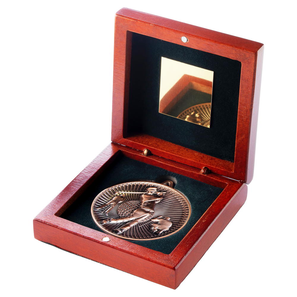 Rosewood Box And 60mm Medal Golf Trophy - Bronze - 4.25in