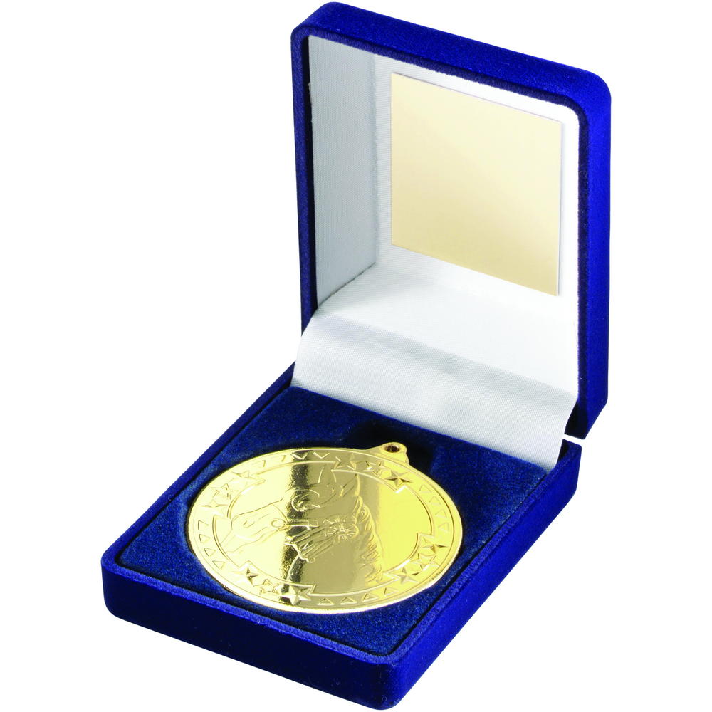 Blue Velvet Box And 50mm Medal Horse Trophy - Gold 3.5in