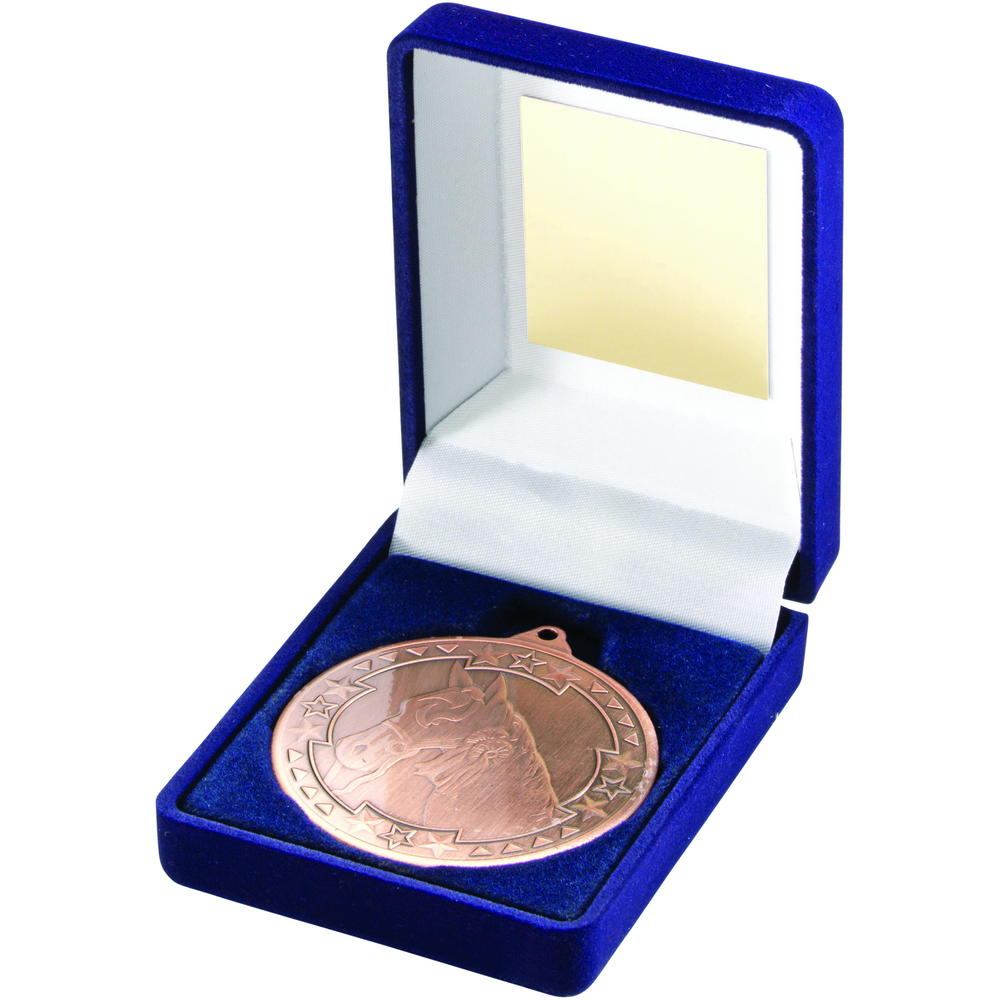 Blue Velvet Box And 50mm Medal Horse Trophy - Bronze 3.5in