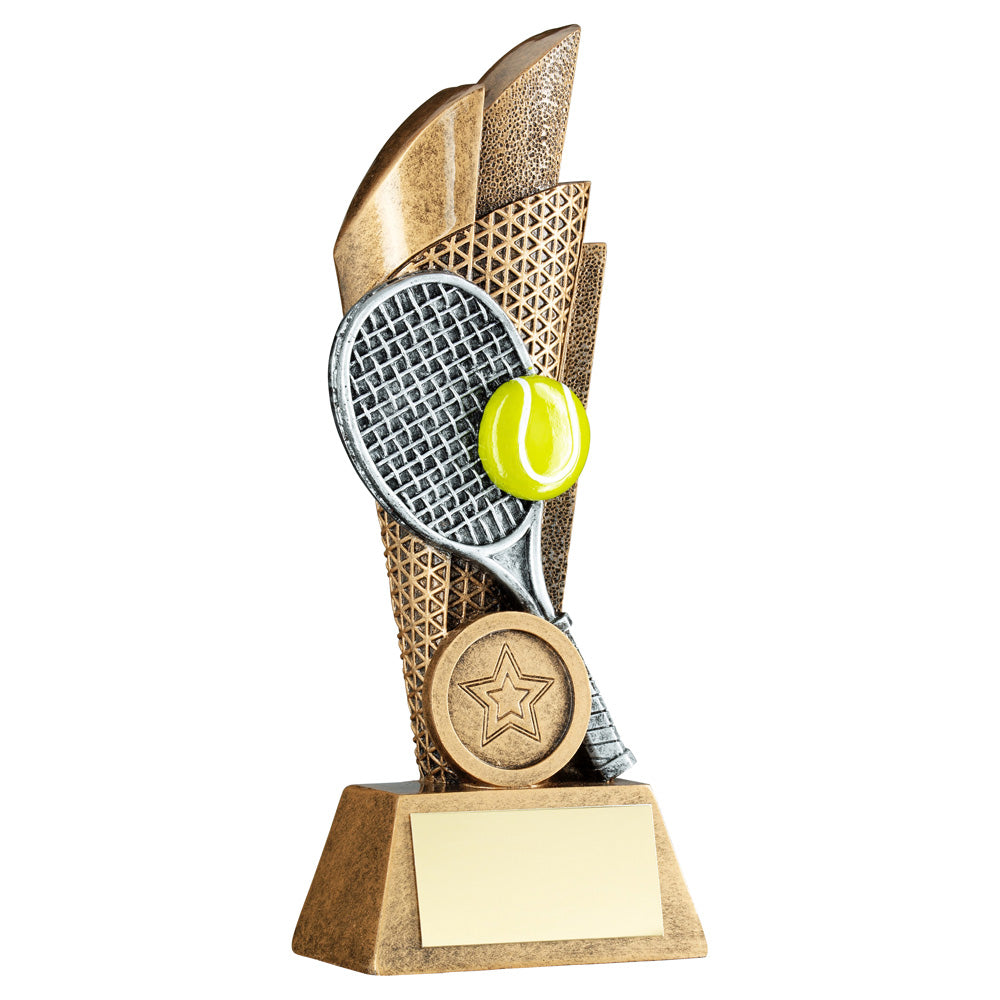 Tennis Ball And Racket On Mesh Backdrop Trophy