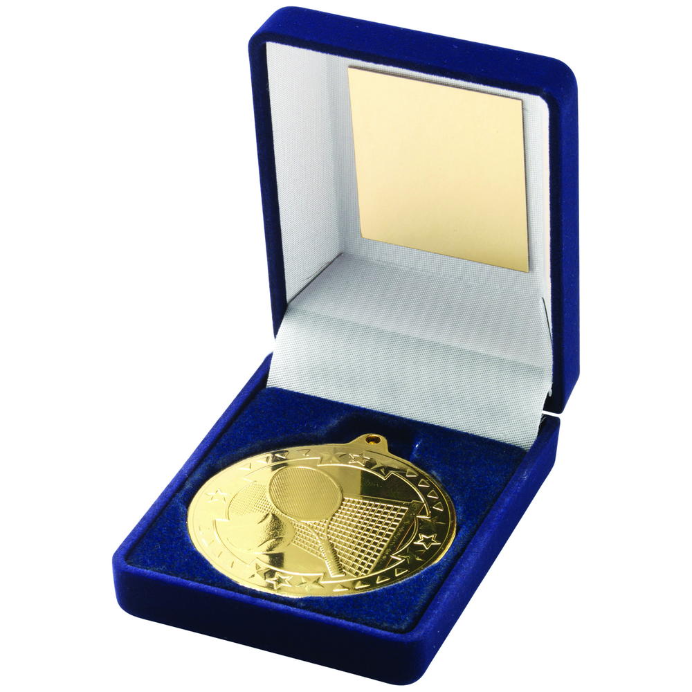 Blue Velvet Box And 50mm Medal Tennis Trophy - Gold 3.5in
