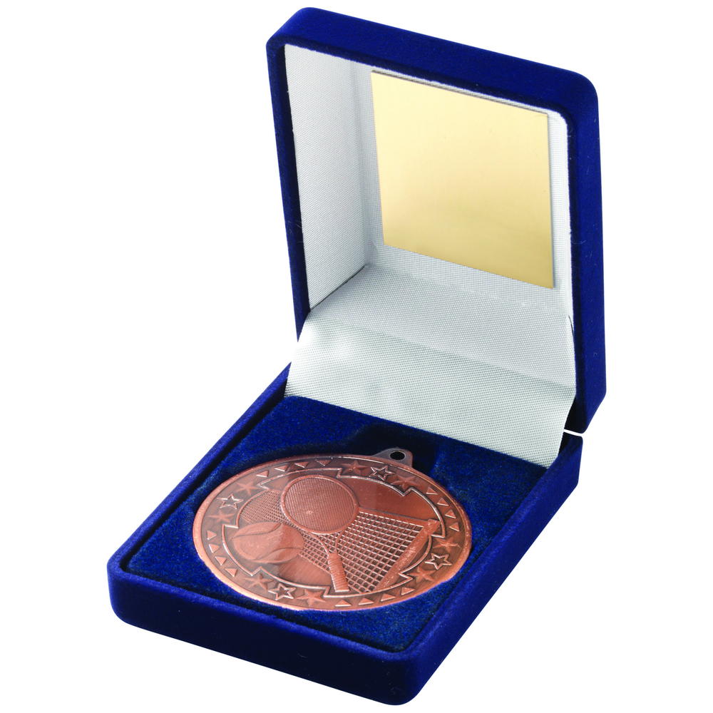 Blue Velvet Box And 50mm Medal Tennis Trophy - Bronze 3.5in