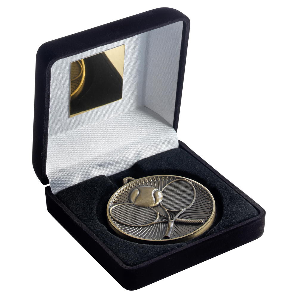 Black Velvet Box And 60mm Medal Tennis Trophy - Antique Gold - 4in