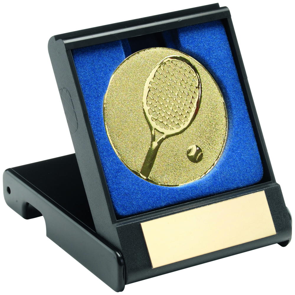 Black Plastic Box With Tennis Insert Trophy - Gold 3.5in