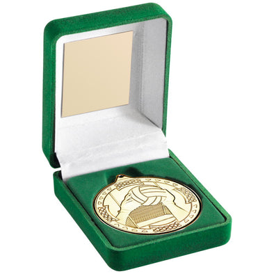 Green Velvet Box And 50mm Medal Gaelic Football Trophy - Gold 3.5in