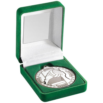 Green Velvet Box And 50mm Medal Gaelic Football Trophy - Silver 3.5in