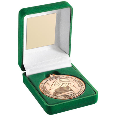 Green Velvet Box And 50mm Medal Gaelic Football Trophy - Bronze 3.5in