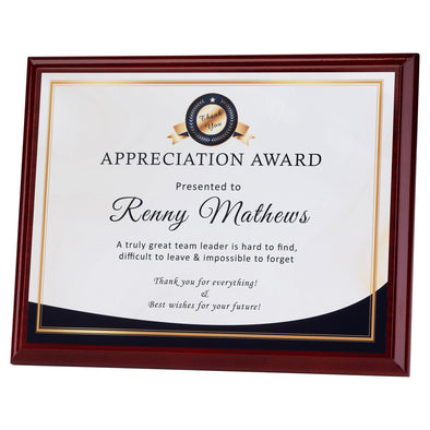 Personalised Rosewood Freestanding Plaque Award With White Printed Front (Landscape)