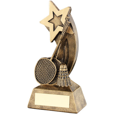 Bronze/Gold Badminton Rackets/Shuttlecock With Shooting Star Trophy - 5in