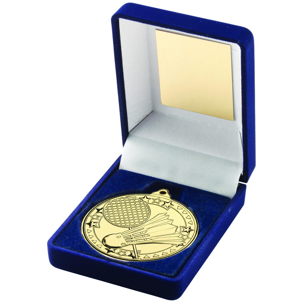 Blue Velvet Box And 50mm Medal Badminton Trophy - Gold - 3.5in