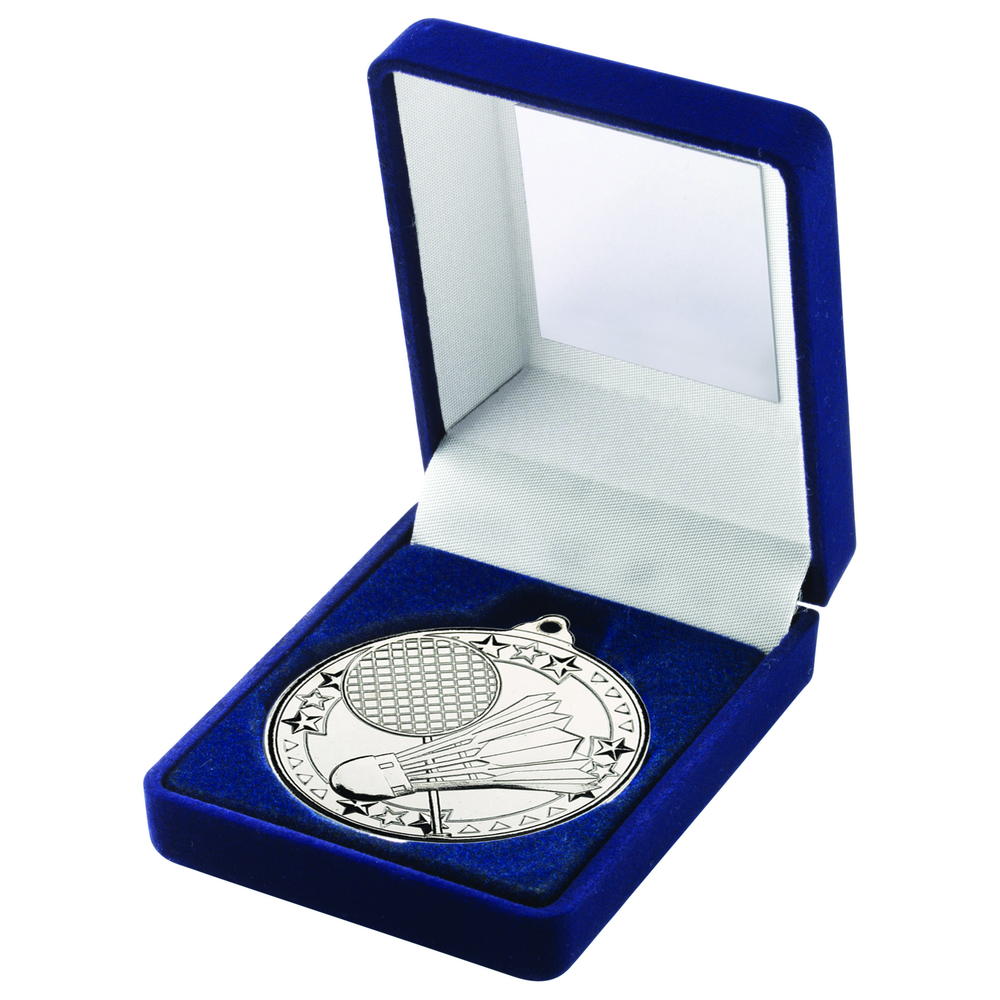Blue Velvet Box And 50mm Medal Badminton Trophy - Silver - 3.5in