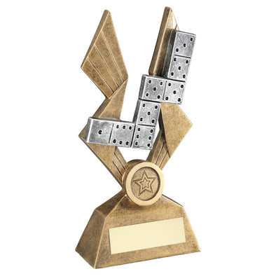 Bronze/Pewter/Gold Dominoes On Pointed Backdrop Trophy - 6in