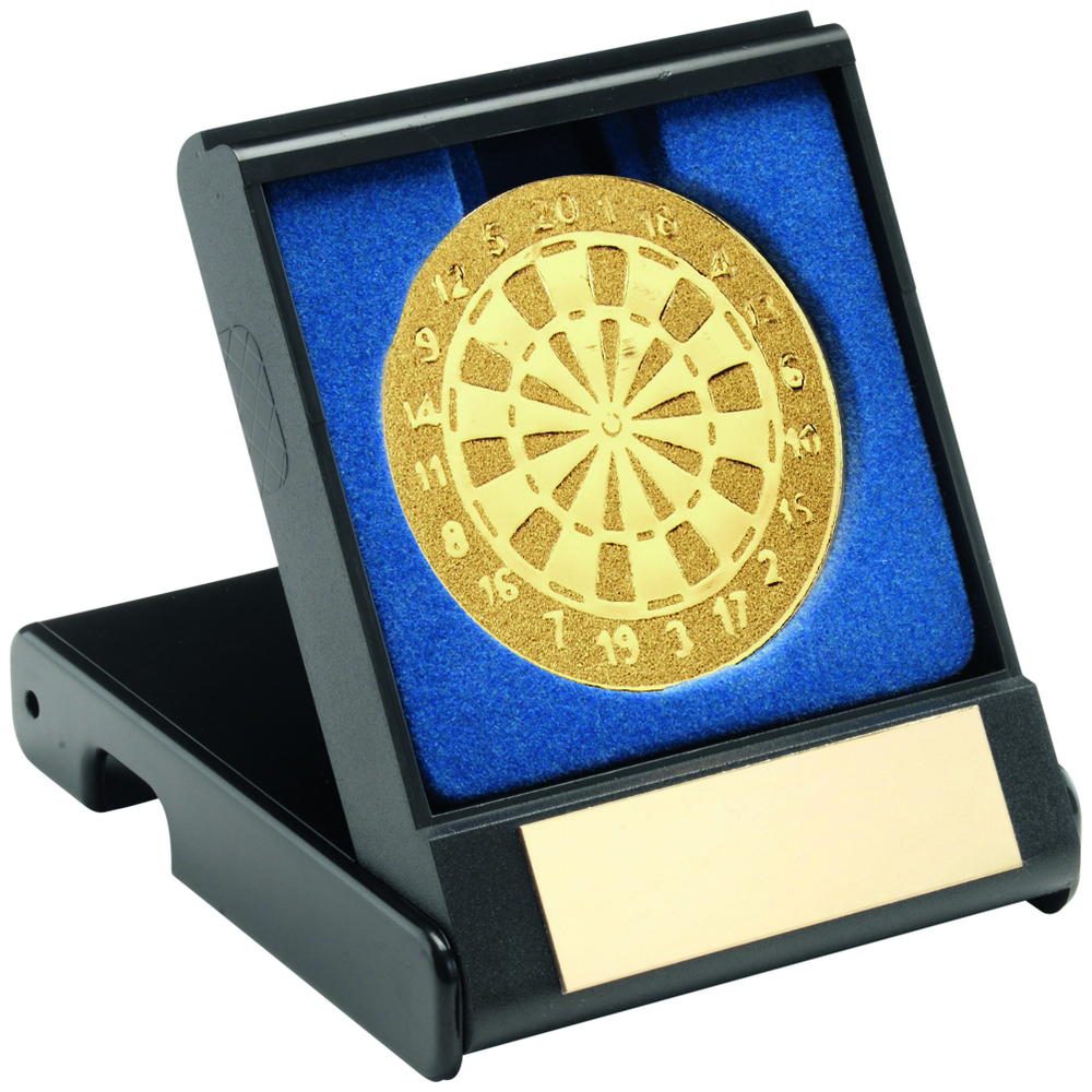 Black Plastic Box With Darts Insert Trophy - Gold 3.5in