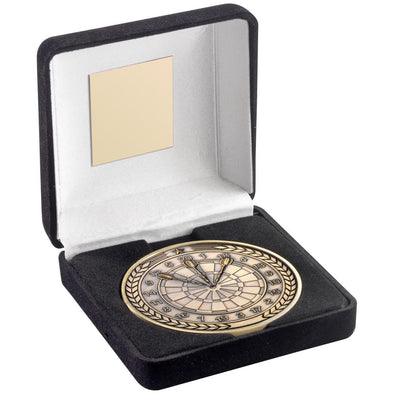 Black Velvet Box And 70mm Medallion Darts Trophy - Antique Gold - 4in