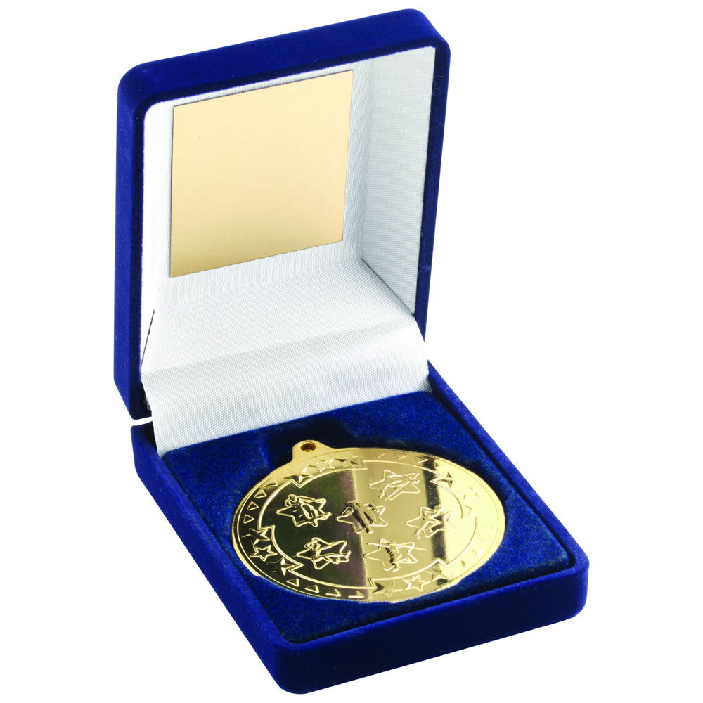 Blue Velvet Box And 50mm Medal Multi Athletics Trophy - Gold 3.5in