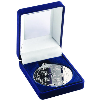 Blue Velvet Box And 50mm Medal Multi Athletics Trophy - Silver 3.5in