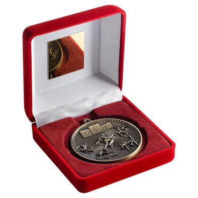 Red Velvet Box And 60mm Medal Athletics Trophy - Antique Gold - 4in