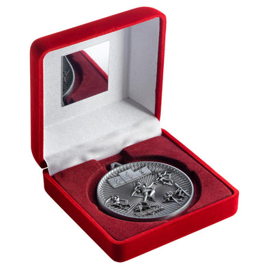 Red Velvet Box And 60mm Medal Athletics Trophy - Antique Silver - 4in