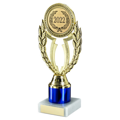 Gold/Blue Plastic 'wreath' Holder On Marble Trophy (2in Centre) - 7.75in