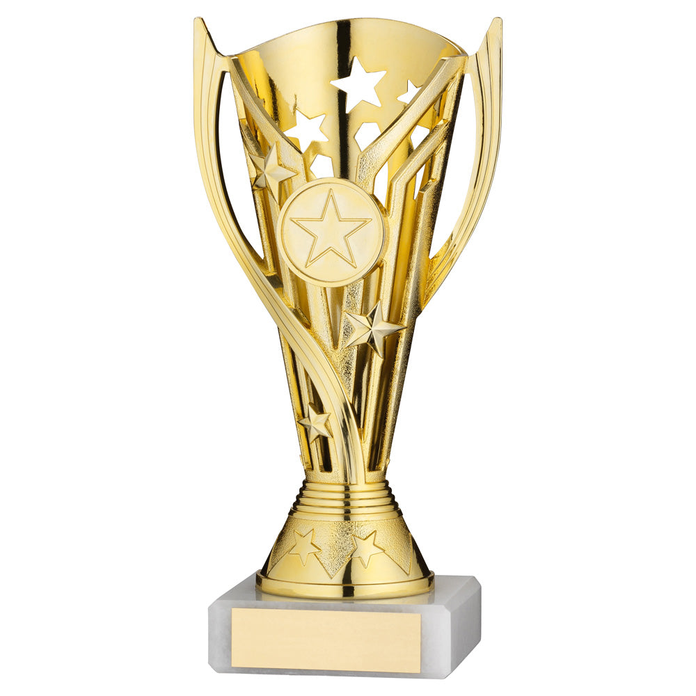 Gold Plastic 'Flash Star' Trophy Cup On White Marble Base - 7in