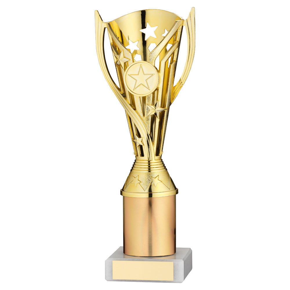 Gold Plastic 'Flash Star' Trophy Cup On Riser And White Marble Base