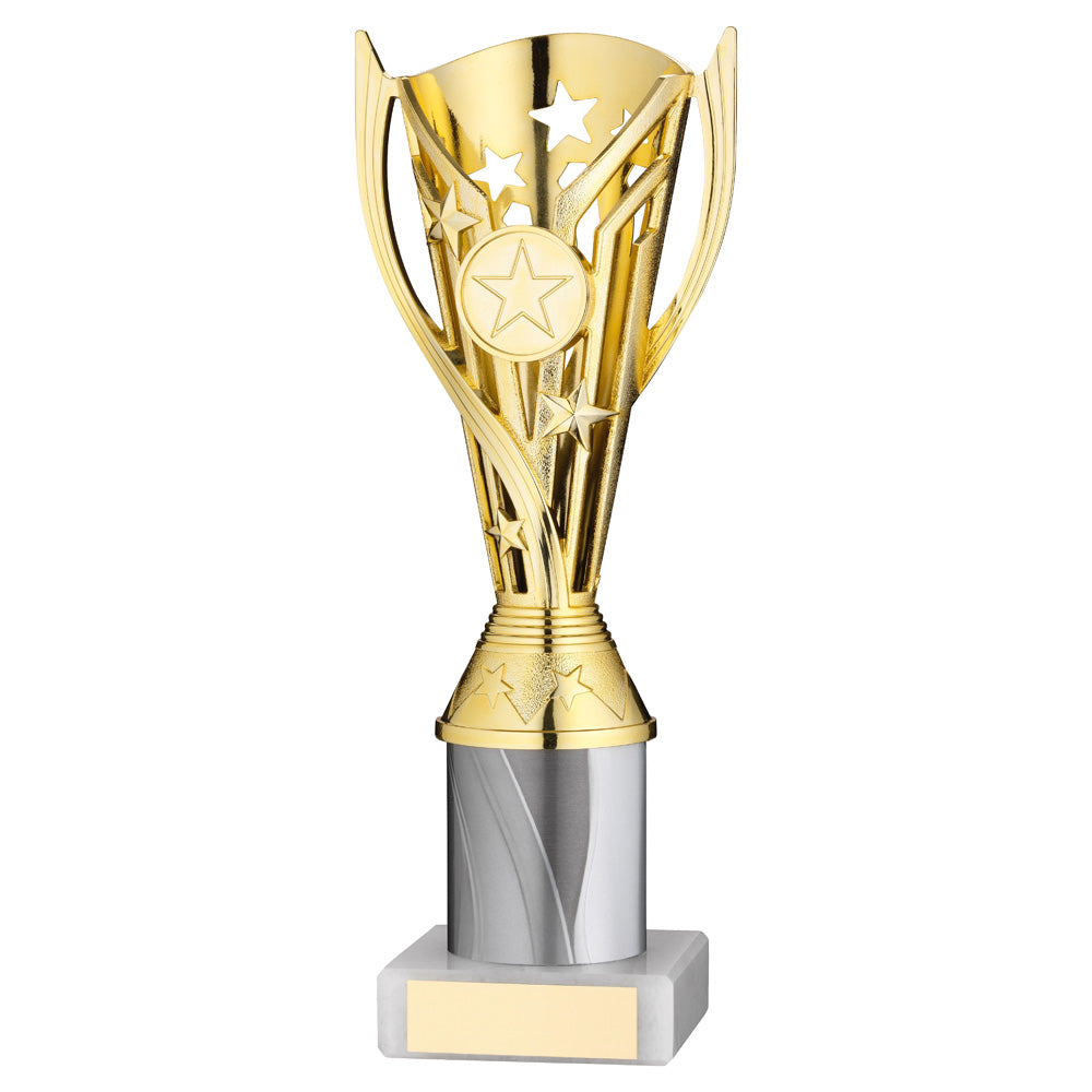 Gold Plastic 'Flash Star' Trophy Cup On White Riser And Marble Base