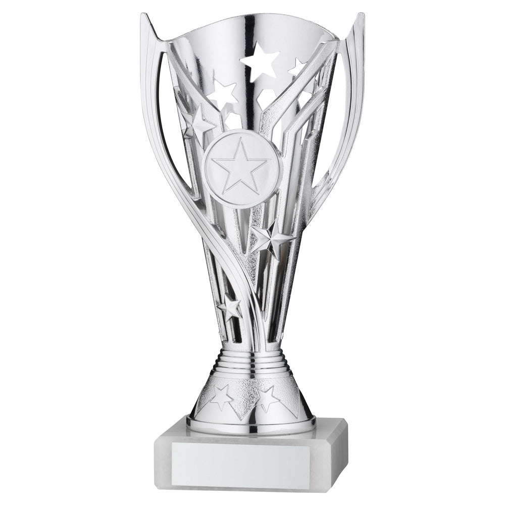 Silver Plastic 'Flash Star' Trophy Cup On White Marble Base