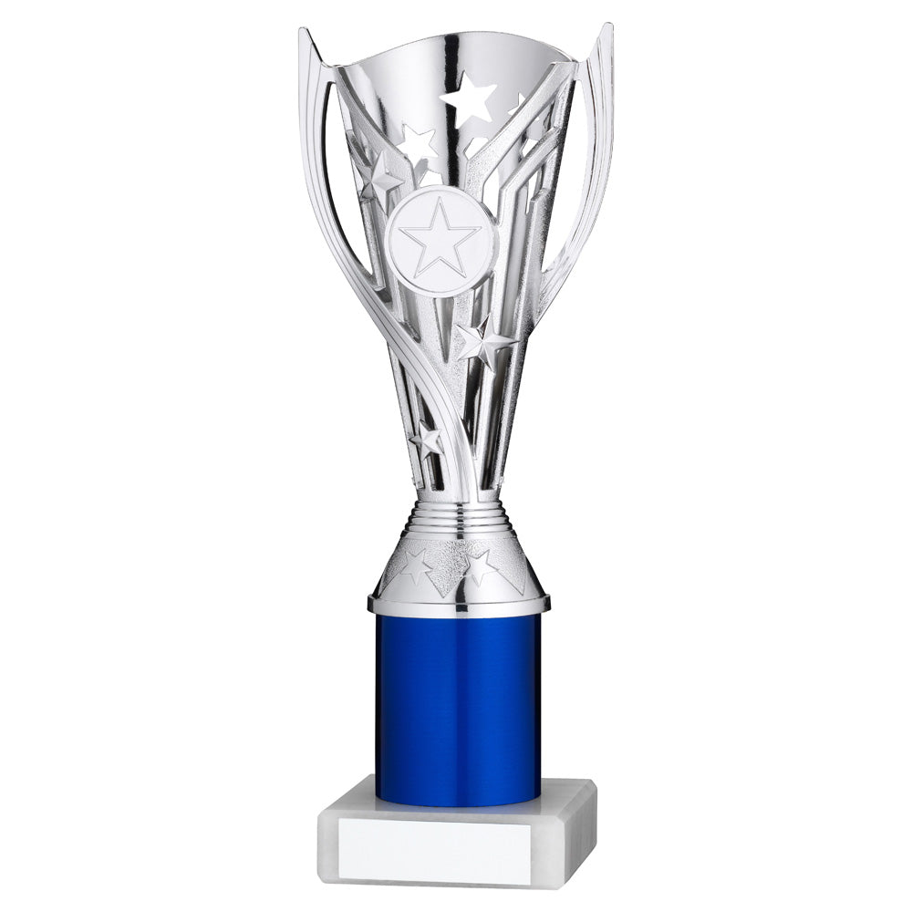 Silver Plastic 'Flash Star' Trophy Cup On Blue Riser And White Marble Base