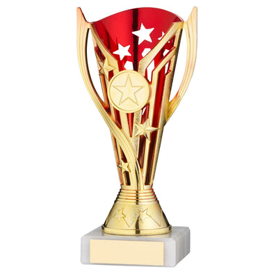 Gold/Red Plastic 'Flash Star' Trophy Cup On Marble Base - 7in