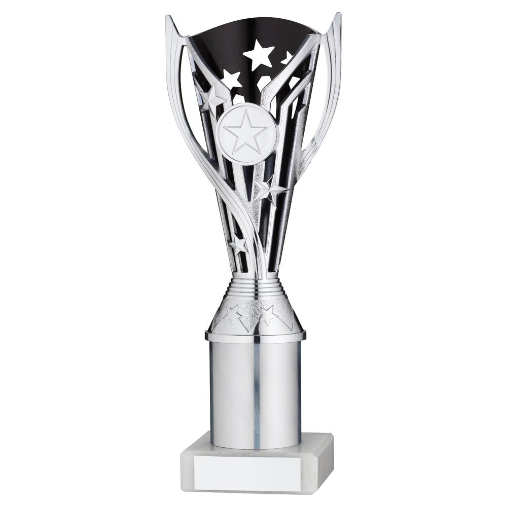 Silver/Black Plastic 'Flash Star' Trophy Cup With Riser On White Marble Base