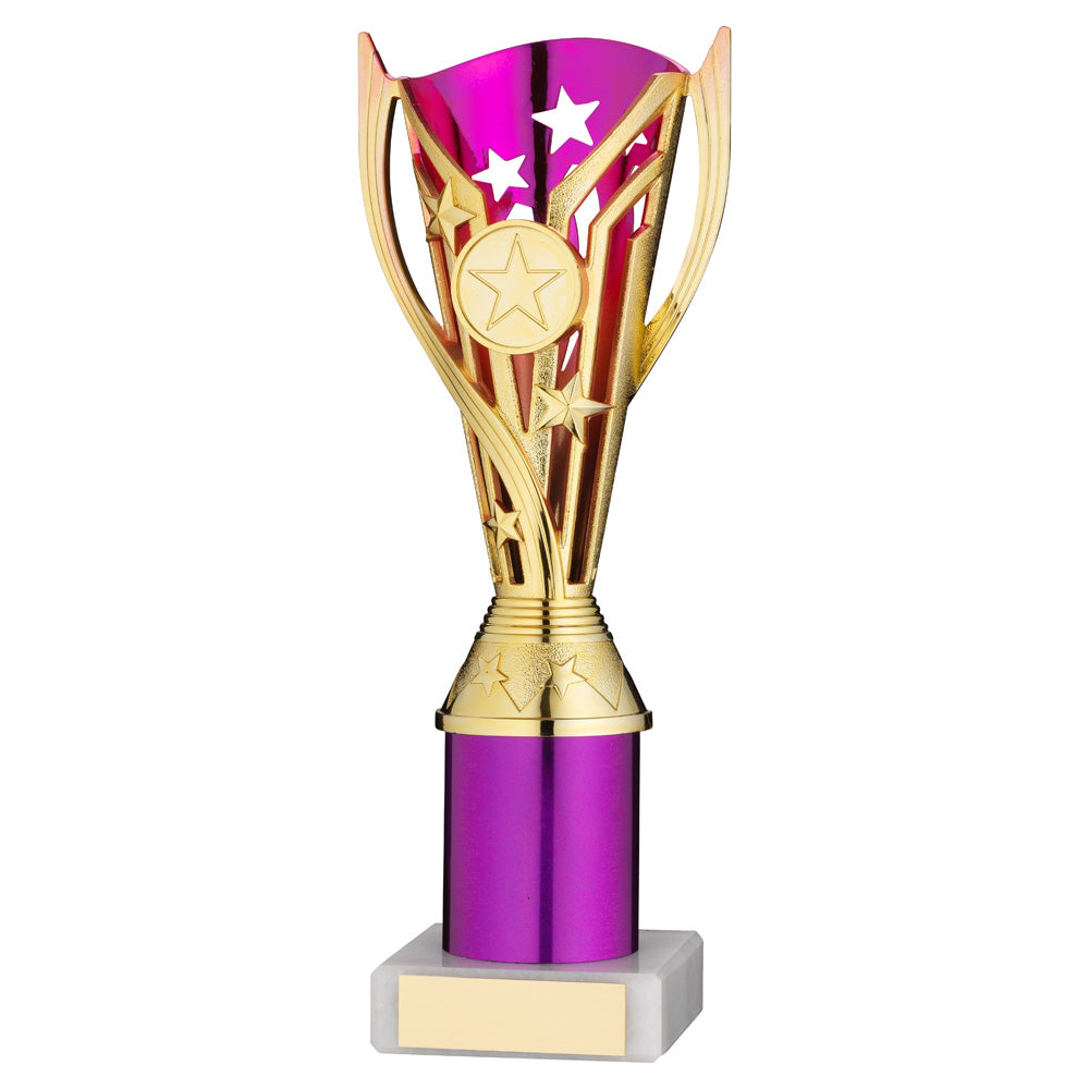 Gold/Purple Plastic 'Flash Star' Trophy Cup On Riser And Marble Base