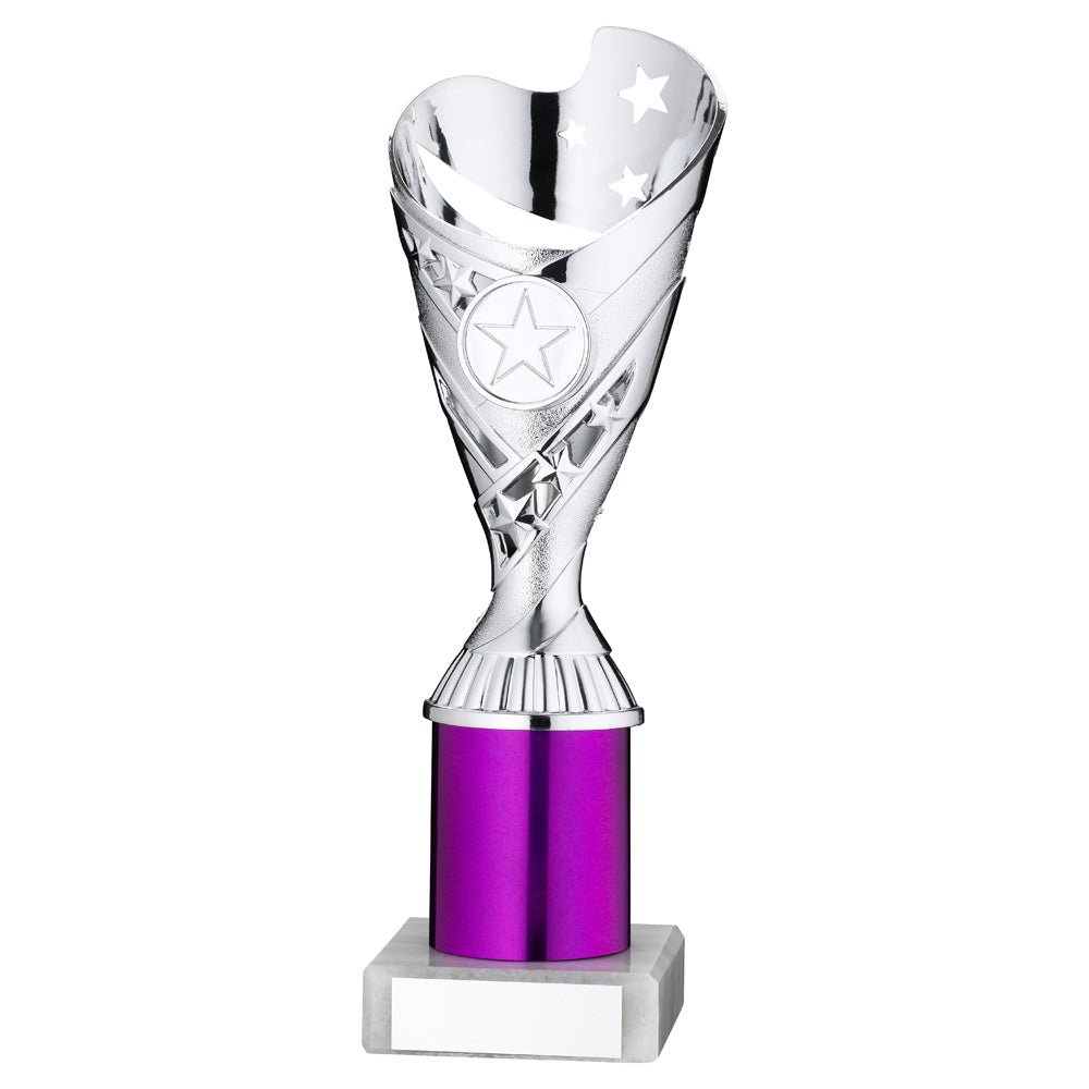 Silver/Purple Plastic 'Sabre Star' Trophy Cup With Riser On Marble Base