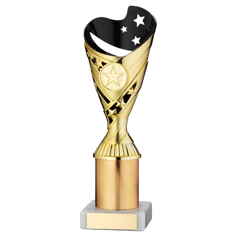 Gold/Black Plastic 'Sabre Star' Trophy Cup With Riser On White Marble Base