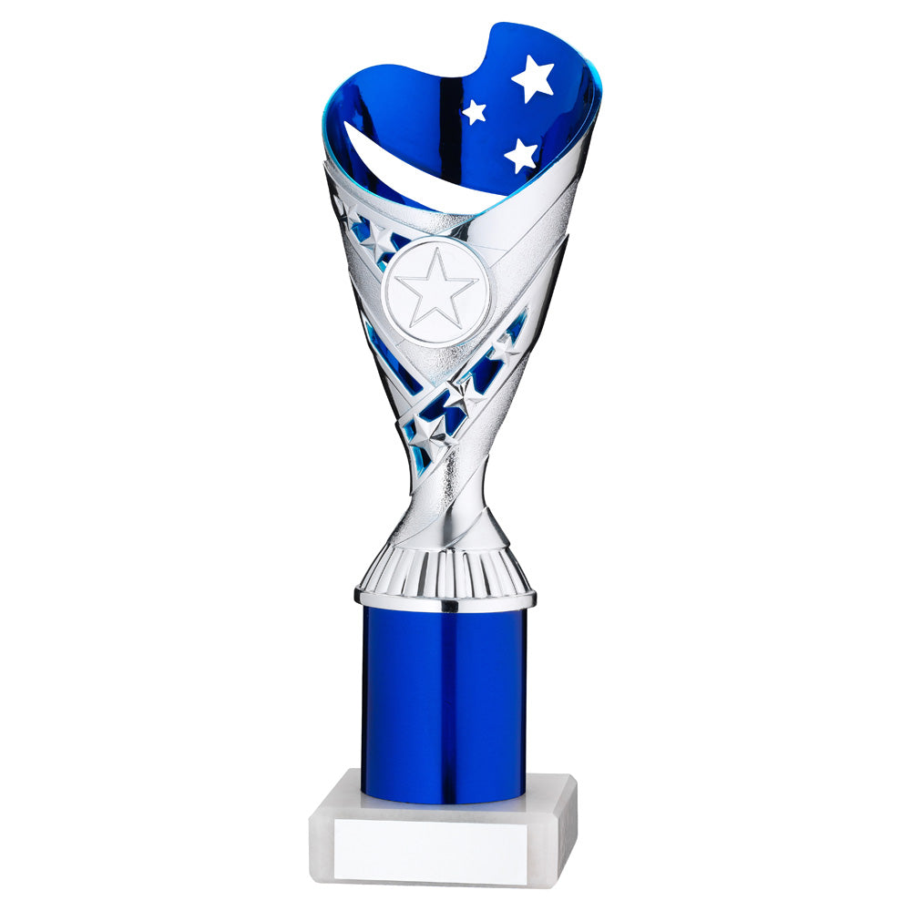 Silver/Blue Plastic 'Sabre Star' Trophy Cup With Riser On White Marble Base