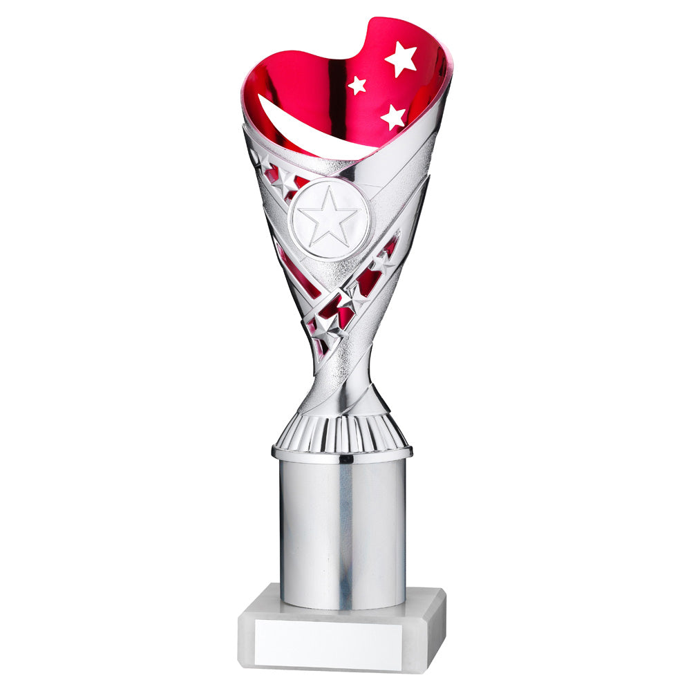 Silver/Pink Plastic 'Sabre Star' Trophy Cup With Riser On White Marble Base