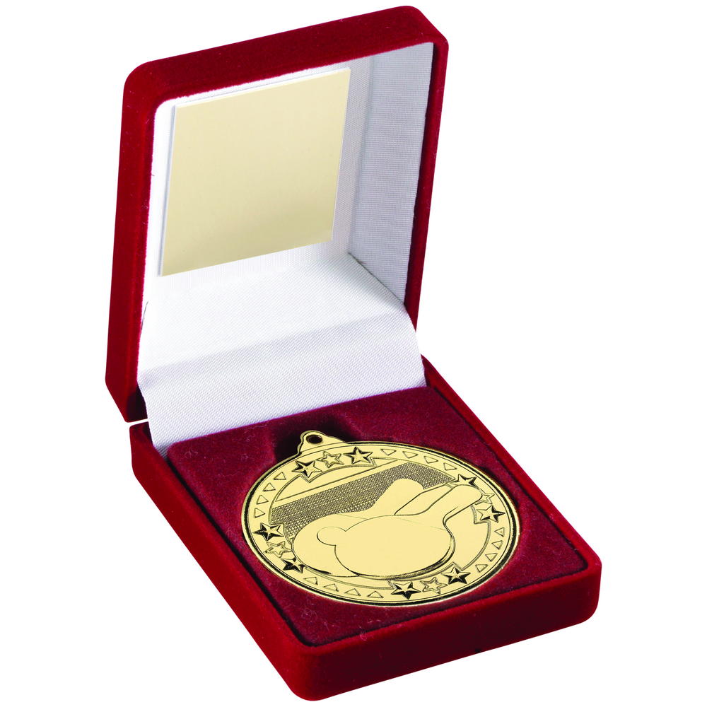Red Velvet Box And 50mm Medal Table Tennis Trophy - Gold - 3.5in