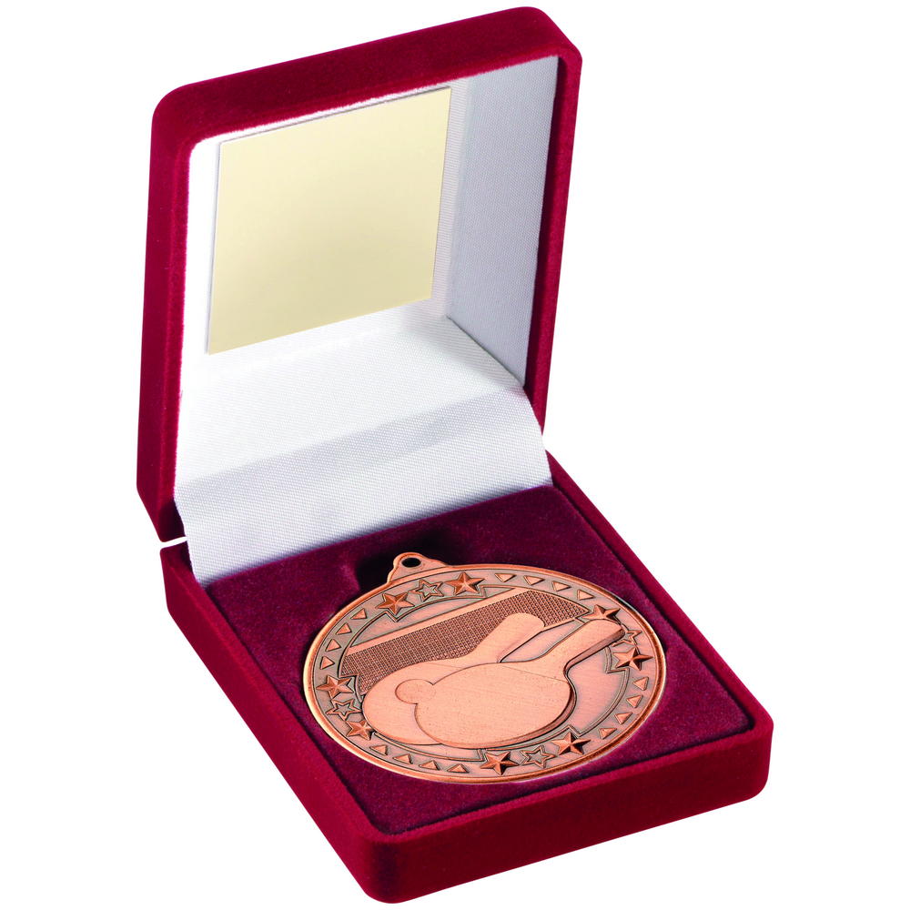 Red Velvet Box And 50mm Medal Table Tennis Trophy - Bronze - 3.5in
