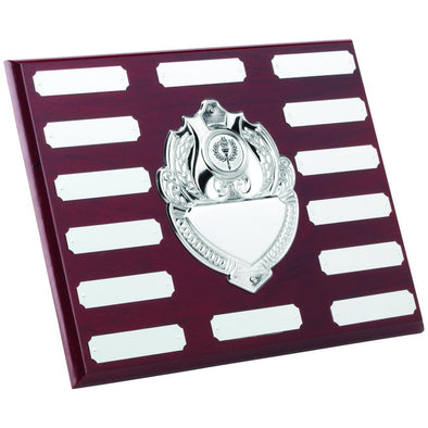 Rosewood Plaque With Chrome Fronts And Plates (1in Centre) - 14 Plates 8 X 10in