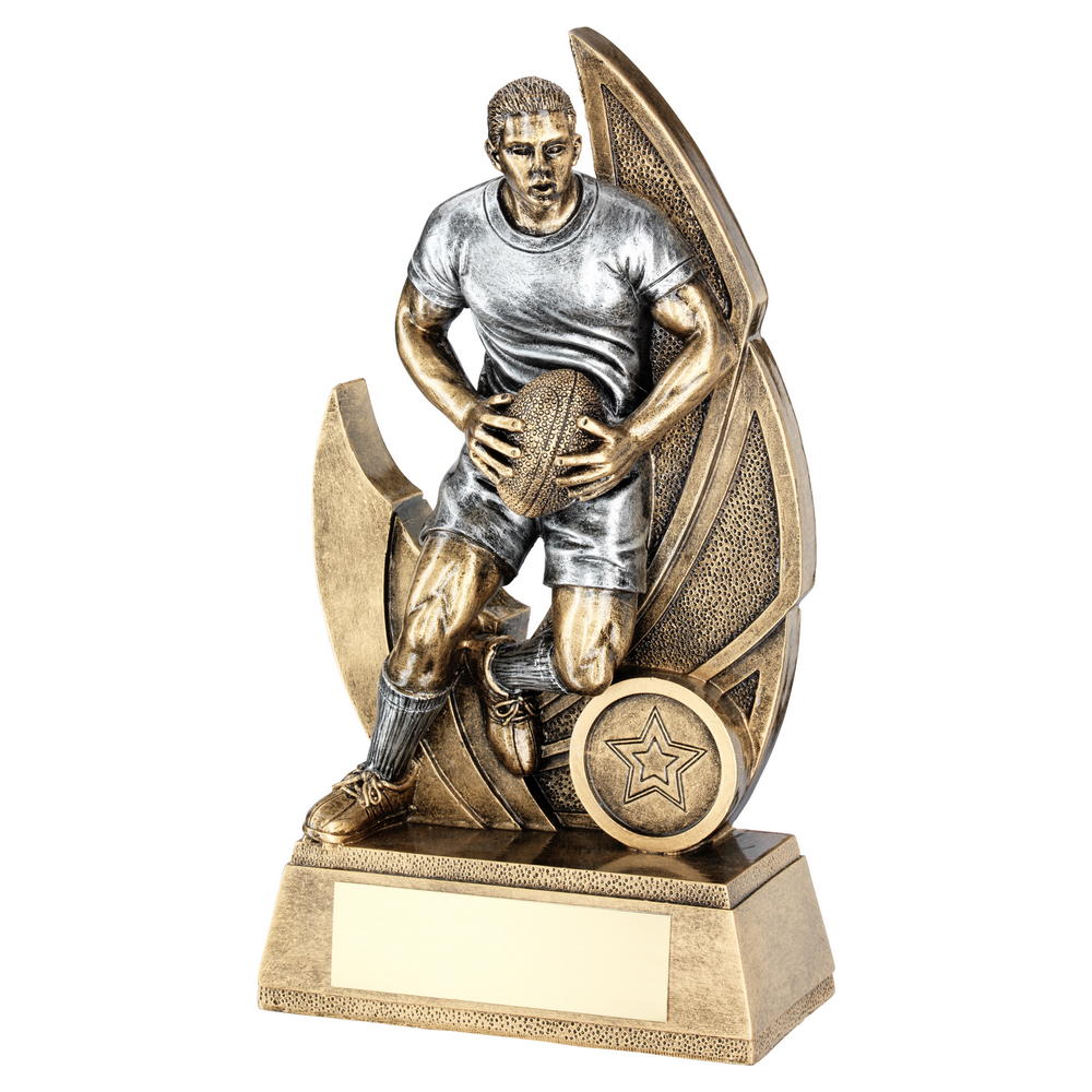 Male Rugby Figure Trophy on Backdrop and Base