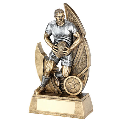 Bronze/Pewter Male Rugby Figure On Backdrop Trophy (1in Centre) - 6in