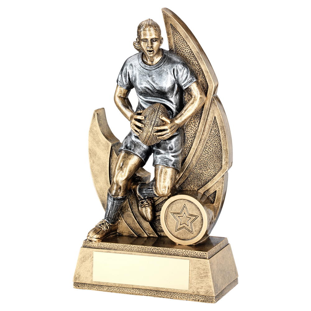 Female Rugby Figure Trophy on Backdrop and Base