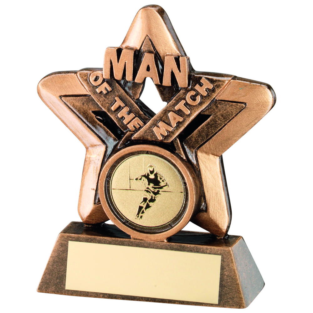 Bronze/Gold Man Of The Match Mini Star With Rugby Insert Trophy - 3.75in