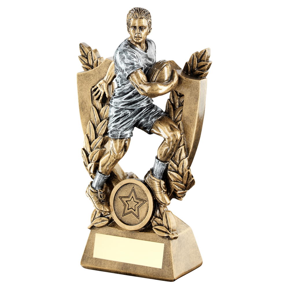 Male Rugby Figurine Trophy - Shield And Wreath