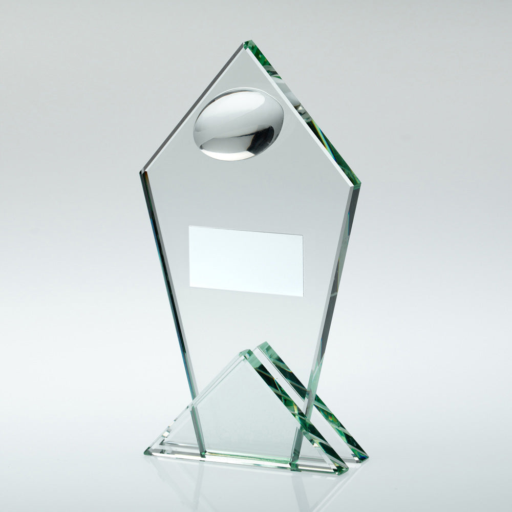 Pointed Jade Glass Award - With Half Rugby Ball