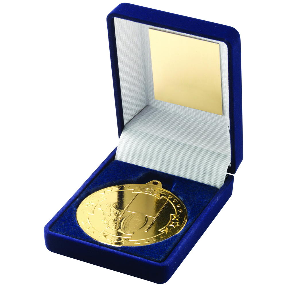 Blue Velvet Box And 50mm Medal Rugby Trophy - Gold 3.5in