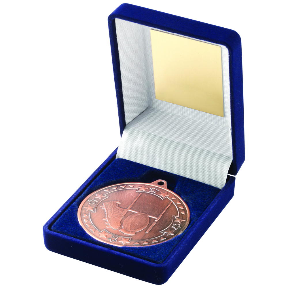 Blue Velvet Box And 50mm Medal Rugby Trophy - Bronze 3.5in
