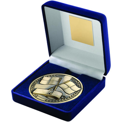 Blue Velvet Box And Medallion Referee Trophy - Antique Gold - 4in