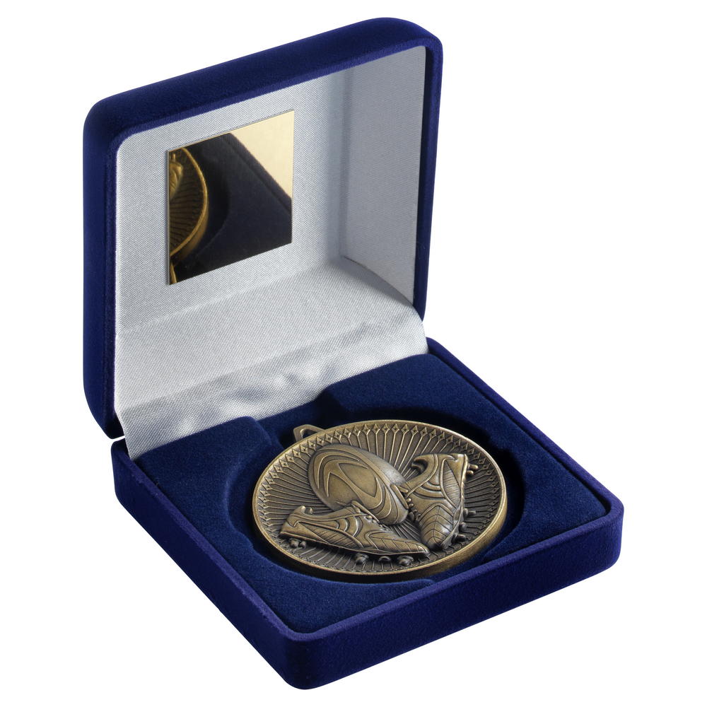 Blue Velvet Box And 60mm Medal Rugby Trophy - Antique Gold - 4in