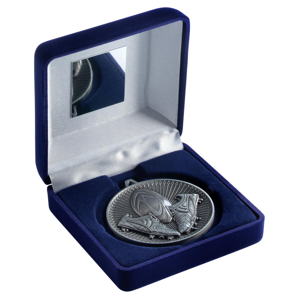 Blue Velvet Box And 60mm Medal Rugby Trophy - Antique Silver - 4in