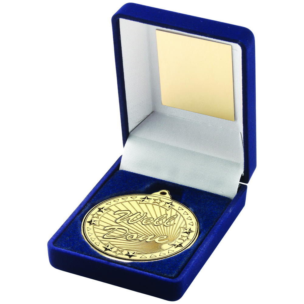 Blue Velvet Box And Gold 50mm Medal Well Done Trophy - 3.5in